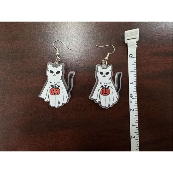 Halloween Sheet Ghost Cat Acrylic Dangle Earrings - Picture 1 of 2